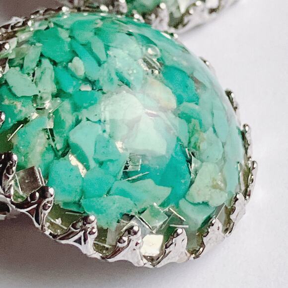 VTG 60s Turquoise Earrings Stone Chip Resin Dome Silver Tone Clip On Mid Century - Picture 5 of 12